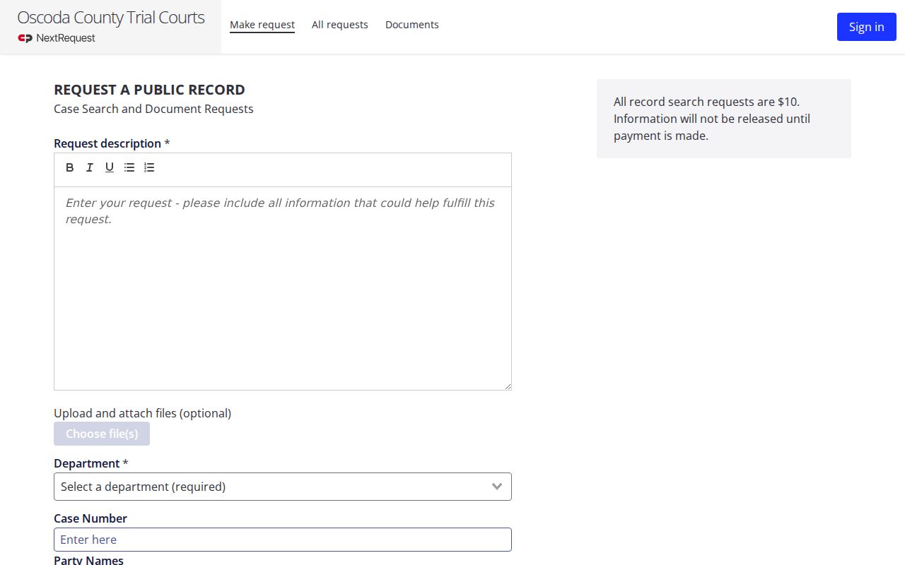 Oscoda County warrant search: court records request form with case number and party name fields