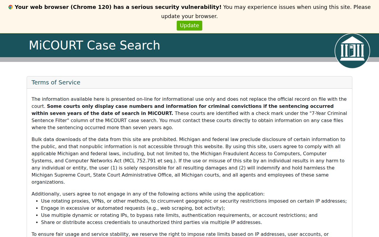 Oscoda County warrant records: Michigan public case search landing page with court selector