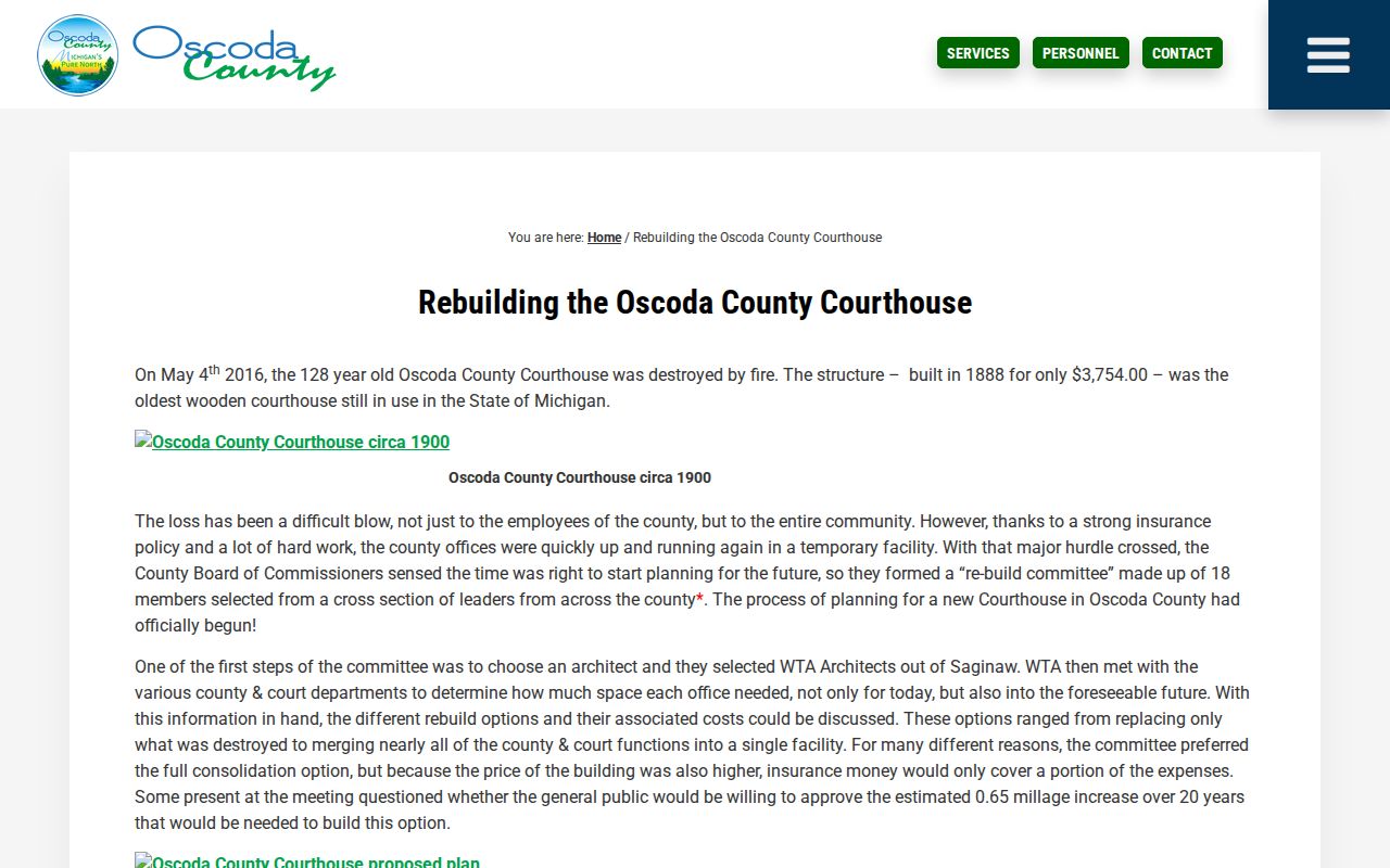 Oscoda County warrant records: courthouse rebuild history page for the Mio court complex