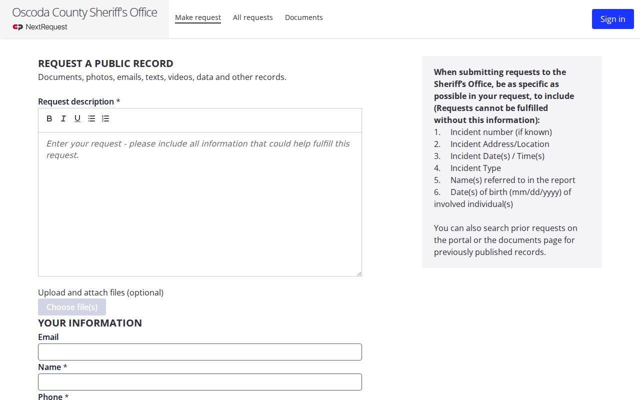 Oscoda County arrest warrants: sheriff online records request submission page